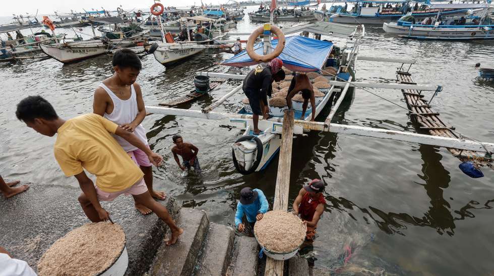 epaselect epa10654771 Fishermen bring boats to shore and unload their catch for the day at a coastal village in Navotas City, Metro Manila, Philippines, 26 May 2023. Coastal villages try to fish for as much catch as possible while the waters are still calm, while flood prone areas are activating emergency response teams as the Philippines weather bureau tracks the movement of typhoon Mawar. Typhoon Mawar is estimated to be 1,705 kilometers east of the southern Luzon region of the Philippines, with maximum winds of 215 kilometers per hour.  EPA/ROLEX DELA PENA