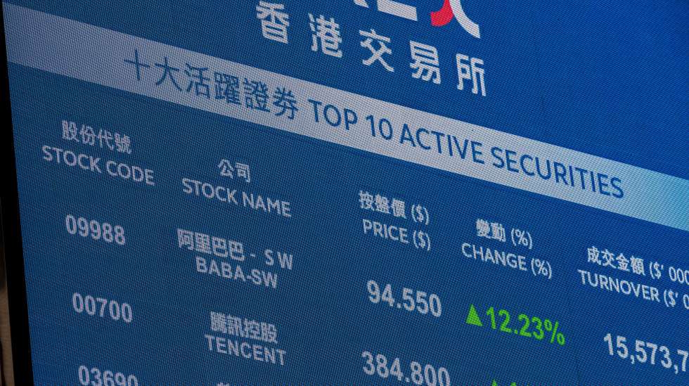epa10548448 Alibaba Group shares price is displayed on a screen outside Exchange Square, the building housing the stock market, in Hong Kong, China, 29 March 2023. The Hang Seng Index jumped 2.1 per cent to 20,192.40 as Alibaba Group Holding rallied in Chinese technology companies after the company unveiled a business reorganisation to boost profits and add value to shareholders.  EPA/JEROME FAVRE
