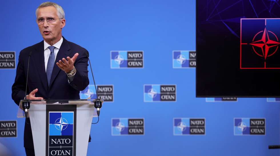 epa10914833 NATO Secretary General Jens Stoltenberg speaks to the press after the NATO Defense Ministers Council at the Alliance headquarters in Brussels, Belgium, 12 October 2023. NATO Defense Ministers are meeting in Brussels for two days to discuss support for Ukraine, NATO operations and missions as well as the situation in the Middle East.  EPA/OLIVIER MATTHYS