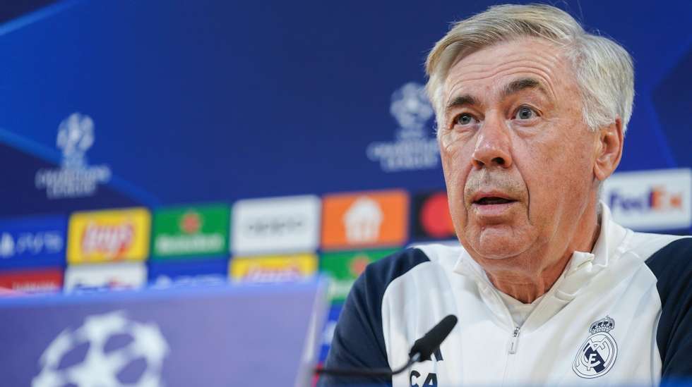 Real Madrid head coach Carlo Ancelotti attends a press conference at the Municipal of Braga, Portugal, 23 October  2023. SC Braga will play against Real Madrid in their UEFA Champions League match in Municipal of Braga Stadium, Braga, Portugal  on 24 October  2023. HUGO DELGADO/LUSA