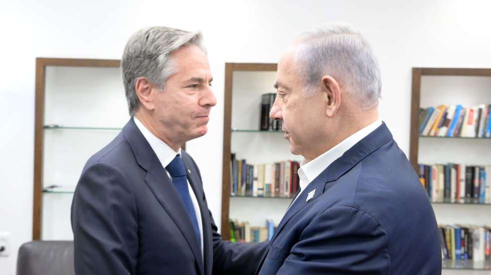 epa10955683 A handout photo made available by Israel's Government Press Office (GPO) shows Israeli Prime Minister Benjamin Netanyahu (R) and US Secretary of State Antony Blinken during a meeting in Tel Aviv, Israel, 03 November 2023. US Secretary of State Blinken arrived in Israel on 03 November, to 'reiterate US support for Israel's right to defend itself' and discuss the Israel-Palestinian conflict, including efforts to secure the immediate release of hostages and humanitarian assistance entering Gaza, the US State Department said.  EPA/GPO/AMOS BEN GERSHOM HANDOUT -- BEST QUALITY AVAILABLE --  HANDOUT EDITORIAL USE ONLY/NO SALES HANDOUT EDITORIAL USE ONLY/NO SALES