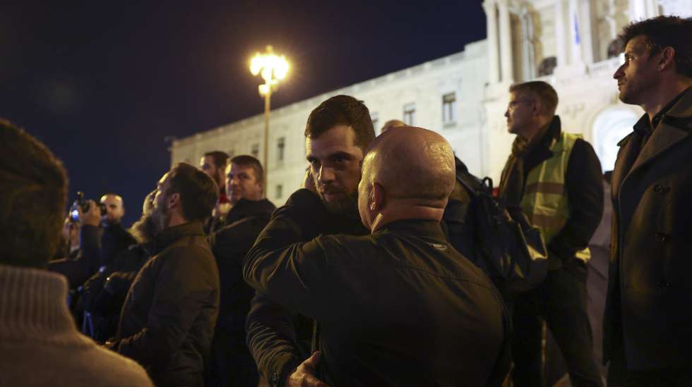 Pedro Costa, the police man that has slept in front of Portuguese Parliament as a form of protest, participates in the PSP and GNR police forces demonstration against the government policies regarding a pension given to the Judiciary Police and not to the other police forces, in Lisbon, Portugal, 24 January 2024. JOSE SENA GOULAO/LUSA