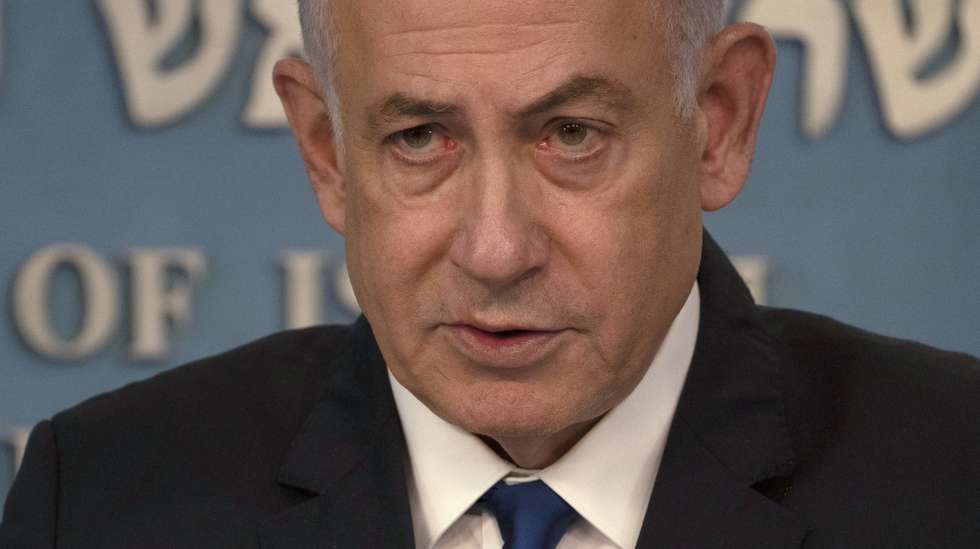 epa11226390 Israeli Prime Minister Benjamin Netanyahu speaks at a press conference following a meeting with German Chancellor Olaf Scholz (not seen) in Jerusalem, 17 March 2024. During a joint press statement with the Israeli Prime Minister, Chancellor Scholz called for increased humanitarian aid for Palestinians in the Gaza Strip.  EPA/LEO CORREA / POOL