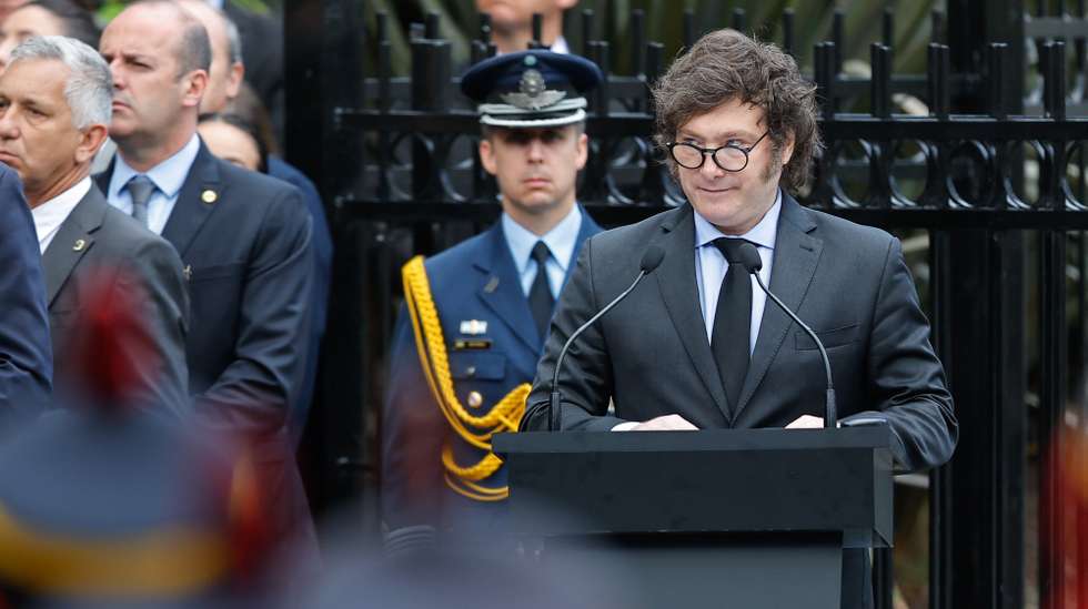 epa11255512 Argentina's President Javier Milei participates in an event commemorating the 42nd anniversary of the Falklands war, in the Plaza San Martin in Buenos Aires, Argentina, 02 April 2024. The country remembers the 1982 confrontation between Argentina and Britain that lasted 74 days and caused 649 deaths on the Argentine side, 255 on the British and three island civilians.  EPA/JUAN IGNACIO RONCORONI