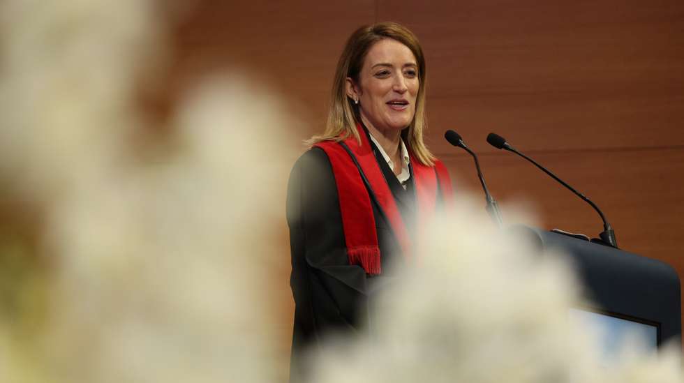 The president of the European Parliament Roberta Metsola makes her speech after distinguished by the Higher Institute of Social and Political Sciences (Instituto Superior de Ciências Sociais e Políticas (ISCSP)) of the University of Lisbon with an 'honoris causa' in International Relations in Lisbon, Portugal April 19, 2024. Since the beginning of the year, Roberta Metsola has been traveling to Member States to appeal to people to vote against abstention in the European elections in June. TIAGO PETINGA/LUSA