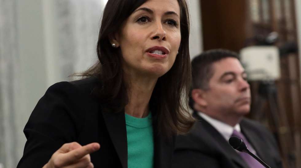 epa08506323 Commissioner of Federal Communications Commission Jessica Rosenworcel (L) speaks as commissioner of Federal Communications Commission Michael ORielly (R) listens during a Senate Committee for Commerce, Science, and Transportation oversight hearing to examine the Federal Communications Commission, in Washington, DC, USA, 24 June 2020.  EPA/Alex Wong / POOL