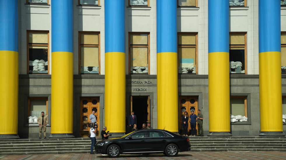epa10844136 Denmark's Prime Minister Mette Frederiksen arrives to the parliament building during her official visit to Ukraine, in Kyiv, Ukraine, 06 September 2023.  EPA/Ida Marie Odgaard DENMARK OUT