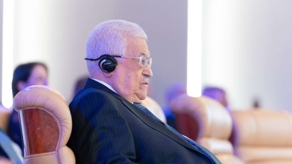 epa11306549 A handout photo made available by the World Economic Forum shows Palestinian President Mahmoud Abbas attending a session during the World Economic Forum Special Meeting on Global Collaboration, Growth and Energy for Development, in Riyadh, Saudi Arabia, 28 April 2024.  EPA/Deepu Das / HANDOUT  HANDOUT EDITORIAL USE ONLY/NO SALES HANDOUT EDITORIAL USE ONLY/NO SALES