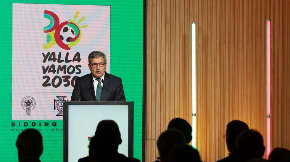epa11229982 The president of the Portuguese Soccer Federation, Fernando Gomes, speaks during an event where the logo and video for the Morocco–Portugal–Spain 2030 FIFA World Cup bid were presented, in Oeiras, Portugal, 19 March 2024.  EPA/JOSE SENA GOULAO