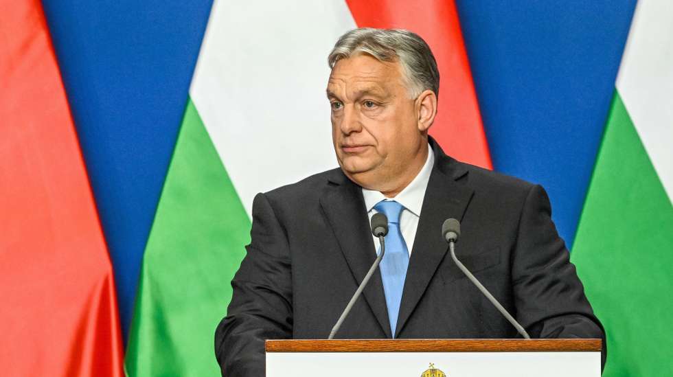 epa11329763 Hungarian Prime Minister Viktor Orban speaks during his joint press conference with Chinese President (not pictured) following their talks at the PM's office, the former Carmelite Monastery, in Budapest, Hungary, 09 May 2024.  EPA/Szilard Koszticsak HUNGARY OUT