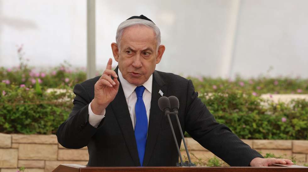 epa11420061 Israeli Prime Minister Benjamin Netanyahu attends the state memorial ceremony for the victims of the 1948 'Altalena Affair', at the Nahalat Yitzhak Cemetery in Tel Aviv, Israel, 18 June 2024. The weapons-laden cargo ship Altalena was involved in violent confrontations that erupted in June 1948 between the newly created Israel Defense Forces and the Irgun, a Jewish paramilitary group, during the process of absorbing all military organizations into the IDF following Israel’s declaration of independence a month earlier. At least 16 people were killed in the confrontations.  EPA/Shaul Golan / Yedioth Ahronoth POOL