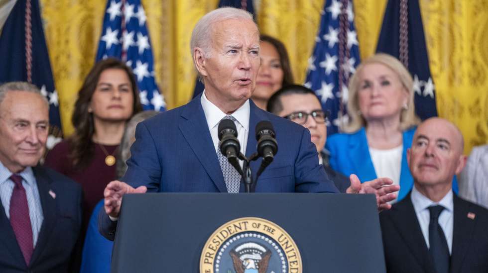 epa11421023 US President Joe Biden delivers remarks during the Deferred Action for Childhood Arrivals (DACA) 12th Anniversary event in the East room of the White House in Washington, DC, USA, 18 June 2024. President Biden announced his administration's program allowing undocumented immigrants married to US citizens to apply for legal residency.  EPA/SHAWN THEW / POOL