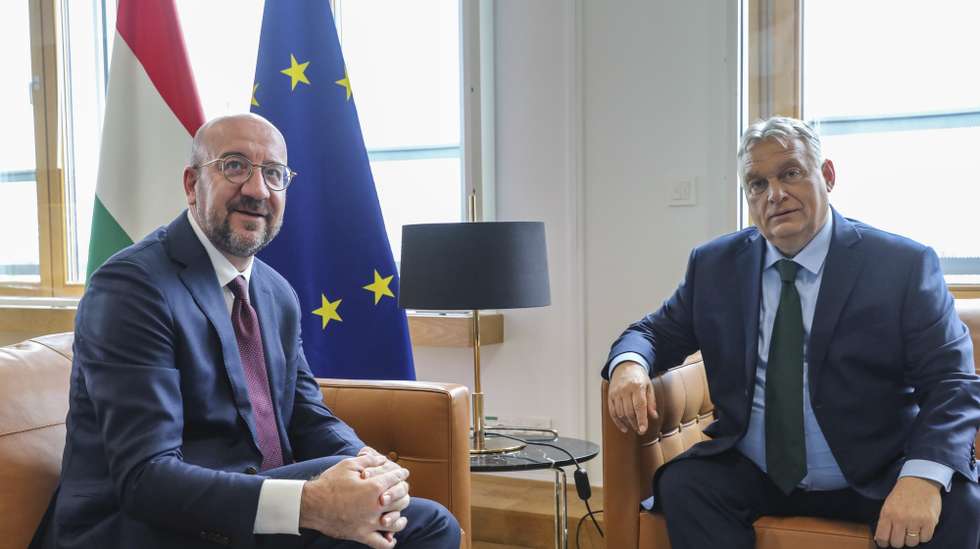 epa11450081 EU Council President Charles Michel (L) and Hungarian Prime Minister Viktor Orban (R) attend their meeting in Brussels, Belgium, 01 July 2024. Hungarian Prime Minister Viktor Orban is visiting Brussels as Hungary takes over the Presidency of the European Union from 01 July.  EPA/NICOLAS LANDEMARD