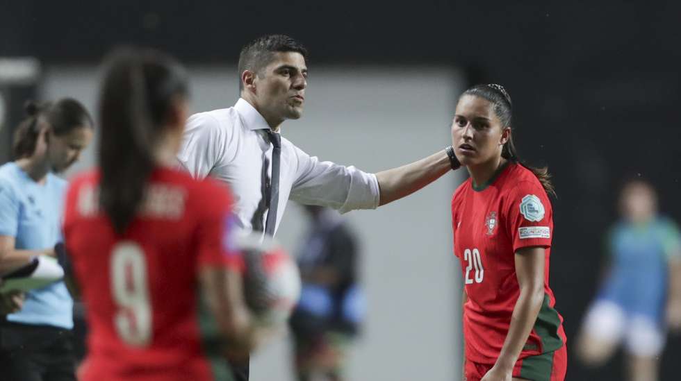 Portuguese coach Francisco Neto reacts with her player Francisca Nazareth during the UEFA Women's European Qualifier soccer match against Northern Ireland held at Magalhaes Pessoa Stadium, in Leiria, Portugal, 31 May 2024. PAULO CUNHA/LUSA