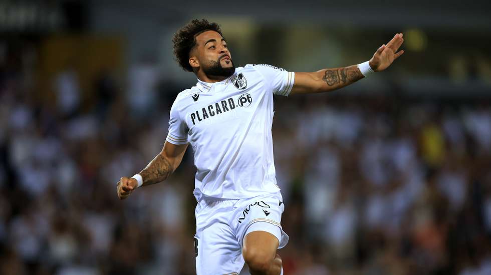 Vitoria's player Telmo Arcanjo celebrates a goal against Zurich during the UEFA Conference League third qualifying round soccer match between Vitoria Sport Clube and FC Zurich, at D. Afonso Henriques stadium, in Guimaraes, 15 August 2024. ESTELA SILVA/LUSA