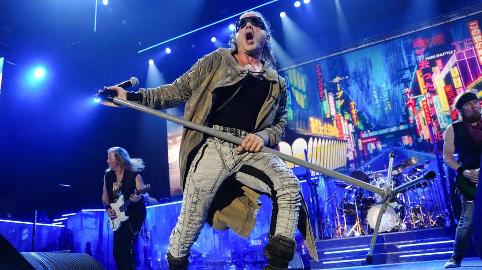 epa10754310 British Heavy Metal music band Iron Maiden performs on stage during their concert held at Palau Sant Jordi arena in Barcelona, Spain, 18 July 2023.  EPA/Enric Fontcuberta