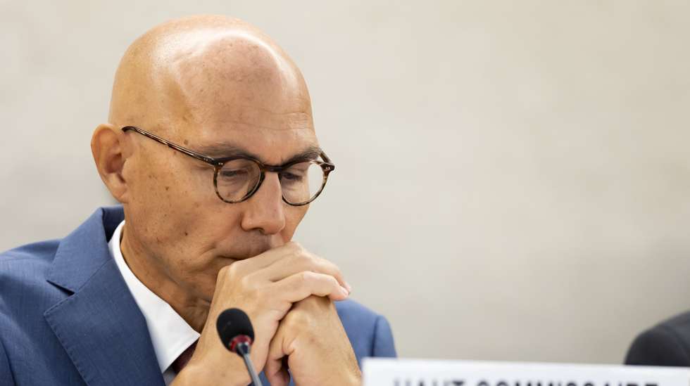 epa11594202 UN High Commissioner for Human Rights Volker Turk listens to a speech during the opening of the 57th session of the Human Rights Council at the United Nations headquarters in Geneva, Switzerland, 09 September 2024. The 57th session of the Human Rights Council takes place from 09 September to 11 October 2024.  EPA/SALVATORE DI NOLFI