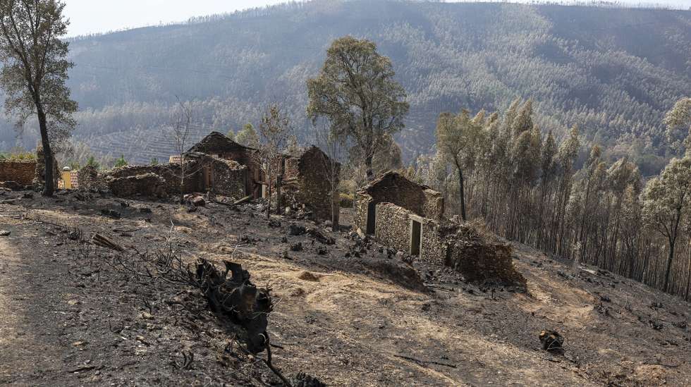 Casas queimadas pelo incêndio em Seixo, na freguesia de Talhadas, Sever do Vouga, Aveiro, 20 de setembro de 2024. Em Talhadas, conhecida como a “capital do pedreiro”, há quem ainda não saiba como é que não morreu nos incêndios que lavraram no concelho de Sever do Vouga durante quatro dias e destruíram várias empresas. PAULO NOVAIS/LUSA