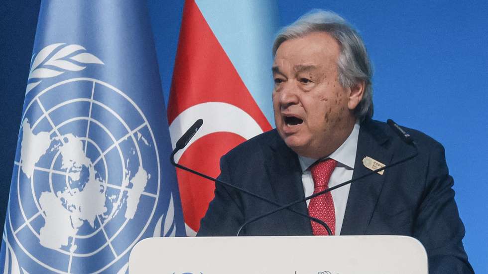 epa11715887 United Nations Secretary-General Antonio Guterres delivers his speech at the UN Climate Change Conference COP29 in Baku, Azerbaijan, 12 November 2024. The Azerbaijani capital of Baku hosts the 2024 United Nations Climate Change Conference (COP29) from 11 to 22 November 2024.  EPA/ANATOLY MALTSEV