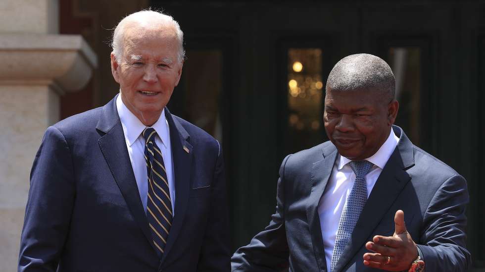 US President Joe Biden (L) with Angolan President Joao Lourenco (R) on arrival at presidential palace in Luanda, Angola, 3 December 2024. Biden is on a three-day visit to Angola for a visit that includes a speech at the Slavery Museum and an international summit on the Lobito Corridor. AMPE ROGERIO/LUSA