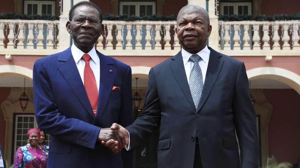 The President of Equatorial Guinea, Teodoro Obiang Nguema Mbasogo (L), is welcomed by his Angolan counterpart, Joao Lourenco, at the presidential palace in Luanda, Angola, 14th January 2025. AMPE ROGERIO/LUSA