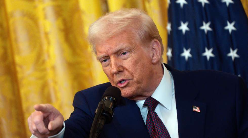 epa11894716 US President Donald Trump gestures during a press conference with Indian Prime Minister Narendra Modi (not pictured) at the White House, Washington, DC, USA, 13 February 2025.  EPA/WILL OLIVER