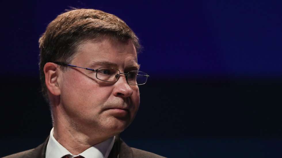 EU Commission Vice President Valdis Dombrovskis attends a press conference after the second day of the informal meeting of Economic and Financial Affairs Council (ECOFIN) under the Portuguese Presidency of the Council, in Lisbon, Portugal, 22 May 2021. The talks take place against the backdrop of the common policies for the post-crisis period and for a green and inclusive future. Reinforcing the joint impact of monetary and fiscal policies. MARIO CRUZ/LUSA