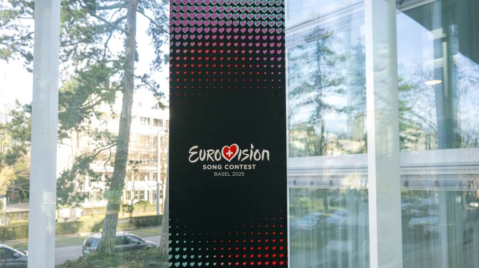 epa11939147 The logo of the Eurovision Song Contest 2025 on display during a Media Information Day event at the Helvetia Campus in Basel, Switzerland, 04 March 2025. Basel will host the 69th edition of the Eurovision Song Contest in May 2025.  EPA/URS FLUEELER