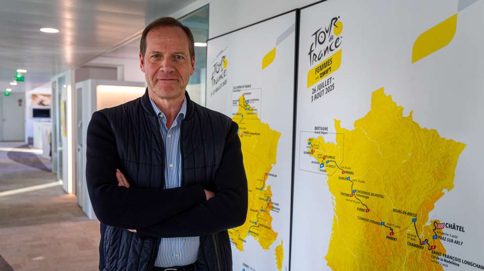 epa11941894 ​Christian Prudhomme, director of the Tour de France cycling race, poses for photographs next to a map of the TDF 2025 during an interview in Boulogne, near Paris, France, 03 March 2025 (issued 05 March 2025). The Tour de France cycling race and its Spanish winners will be awarded the Dialogo Prize 2025 on 06 March 2025. Dialogo is a Franco-Spanish friendship association.  EPA/CHRISTOPHE PETIT TESSON