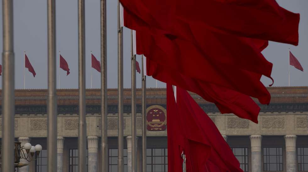 epa11953084 Red flags flap in the wind at Tiananmen Square ahead of the closing meeting of the Third Session of the 14th Chinese People's Political Consultative Conference (CPPCC) of China at the Great Hall of People in Beijing, China, 10 March 2025. China holds two major annual political meetings, the National People's Congress (NPC) and the Chinese People's Political Consultative Conference (CPPCC) which run alongside and together are known as 'Lianghui' or 'Two Sessions.'  EPA/ANDRES MARTINEZ CASARES