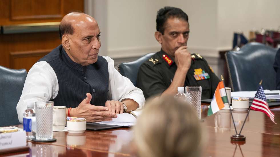 epa11561820 India's Defense Minister Rajnath Singh (L) delivers remarks during a meeting with US Secretary of Defense Lloyd Austin at the Pentagon in Arlington, Virginia, DC, USA, 23 August 2024. The United States and India signed two defense agreements during Indian Defence Minister Singh's official visit to the US, the Security of Supply Arrangement (SOSA) and an agreement on the assignment of liaison officers.  EPA/SHAWN THEW