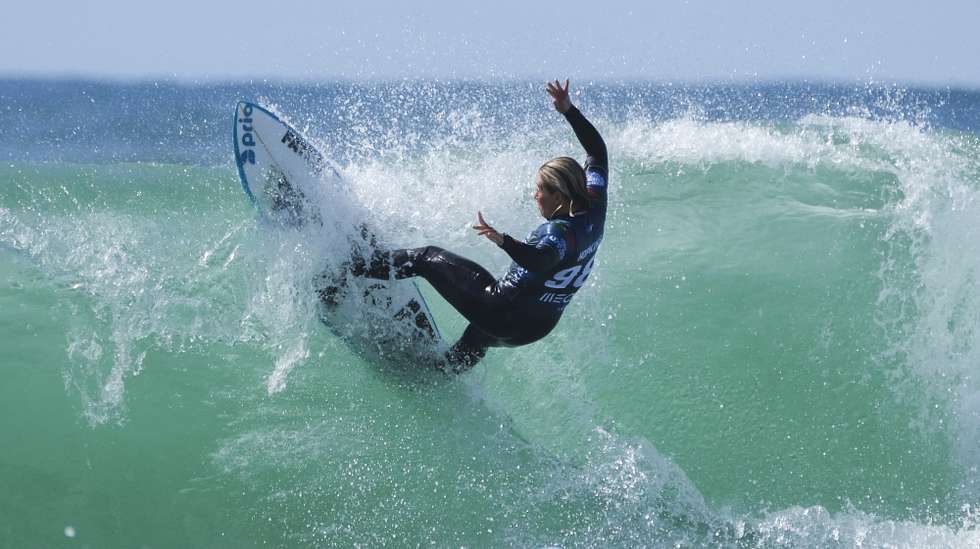Portuguese surfer Yolanda Hopkins in action during the Meo Rip Curl Pro Portugal surfing event as part of the World Surf League (WSL) World Tour at Supertubos beach in Peniche, Portugal, 16 March 2025. CARLOS BARROSO/ LUSA