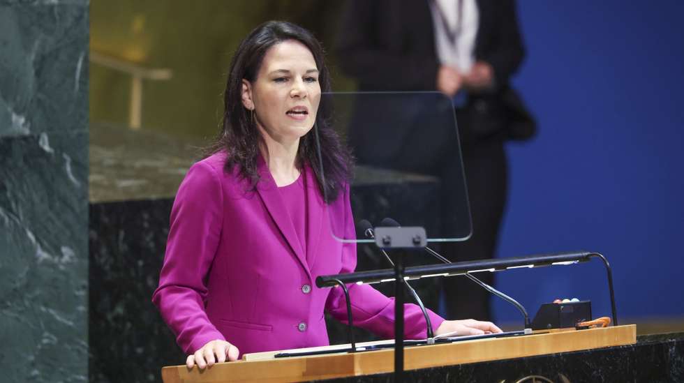 epa12399752 President of the United Nations General Assembly Annalena Baerbock speaks during the General Debate of the 80th session of the United Nations General Assembly (UNGA) at the United Nations headquarters in New York, USA, 23 September 2025.  EPA/SARAH YENESEL