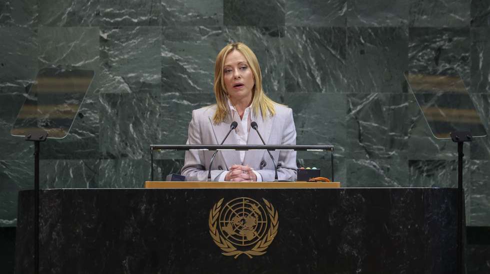 epa12403512 Italian Prime Minister Giorgia Meloni speaks during the General Debate of the 80th session of the United Nations General Assembly (UNGA) at the United Nations headquarters in New York, USA, 24 September 2025.  EPA/SARAH YENESEL