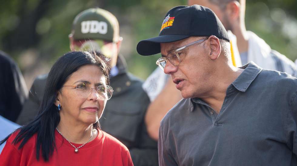 epa12294344 Executive Vice President Delcy Rodriguez (L) and National Assembly President Jorge Rodriguez attend a demonstration in support of Venezuelan President Nicolas Maduro in Caracas, Venezuela, 11 August 2025. Hundreds of Chavistas mobilized in Caracas and other regions of Venezuela in response to what they described as threats from the United States after a recent announcement offering a 50 million dollar reward for information leading to Maduro's capture, twice the amount offered in January.  EPA/MIGUEL GUTIERREZ