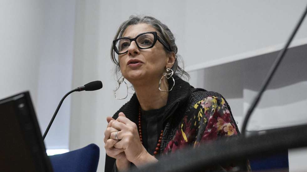 epa12556892 Francesca Albanese, UN Special Rapporteur on the situation of human rights in the Palestinian Territory occupied since 1967, is seen during an event titled 'Rebuild Justice' at Roma Tre University in Rome, Italy, 29 November 2025.  EPA/Riccardo Antimiani