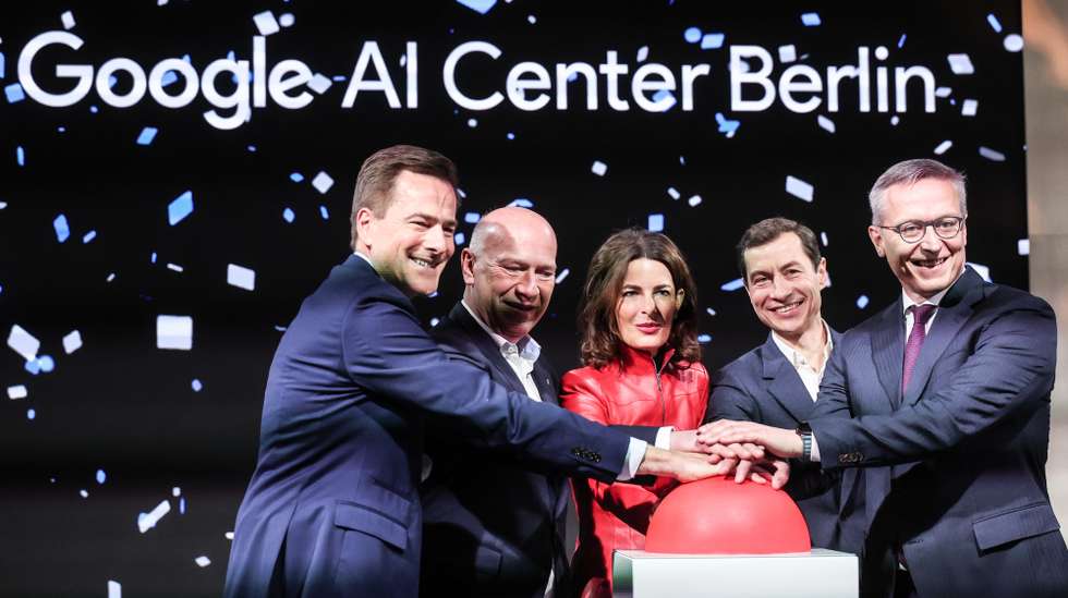 epa12796680 (L-R) Vice President at Google Cloud for Northern Europe Philipp Justus, Berlin Mayor Kai Wegner, Annette Kroeber, Vice President of Government Affairs and Public Policy Europe, Slav Petrov, Vice President of Research at Google DeepMind, and German Minister for Digitalization and Government Modernization Karsten Wildberger attend the opening of the Google AI Center in Berlin, Germany, 05 March 2026. Google opened a new AI center in Berlin, which will focus on artificial intelligence research and collaboration with startups and universities.  EPA/FILIP SINGER