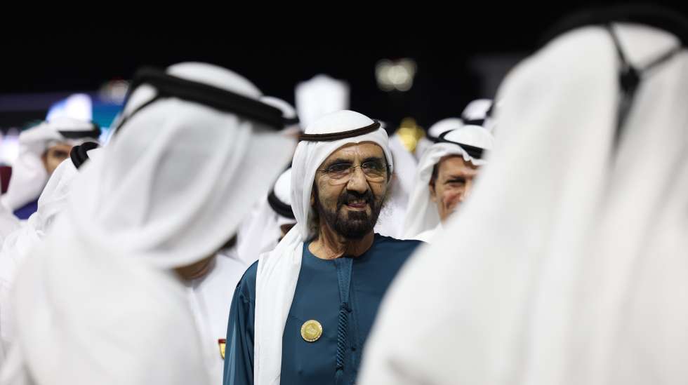 epa12857015 His Highness Sheikh Mohammed bin Rashid Al Maktoum (C-Blue), Vice President and Prime Minister of the UAE and Ruler of Dubai attends the Dubai World Cup 2026 horse racing event at the Meydan race course in Dubai, United Arab Emirates, 28 March 2026.  EPA/ALI HAIDER