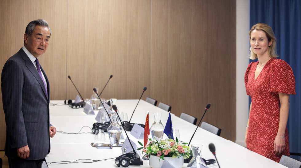 epa12210377 European Union's High Representative for Foreign Affairs and Security Policy, Kaja Kallas (R) attends a meeting with Chinese Foreign Minister Wang Yi (L) during his visit to the EU institutions in Brussels, Belgium, 02 July 2025.  EPA/OLIVIER MATTHYS