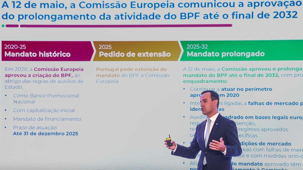 O Presidente da Comissão Executiva (CEO) do Banco Português de Fomento, Gonçalo Regalado, usa da palavra durante a apresentação de Impactos e Resultados do Grupo, relativos a 2025 e análise dos primeiros meses de 2026, no Centro Cultural de Belém, em Lisboa, 01 de junho de 2026. TIAGO PETINGA/LUSA