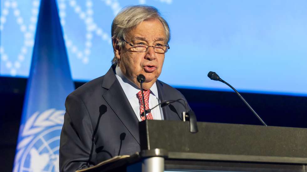 epa13090555 UN Secretary-General Antonio Guterres addresses the opening ceremony of the Global Dialogue on AI Governance at Palexpo in Geneva, Switzerland, 06 July 2026. The first session of the Global Dialogue on AI Governance is being held in Geneva on 06 and 07 July 2026. A second session will take place in New York in May 2027.  EPA/SALVATORE DI NOLFI