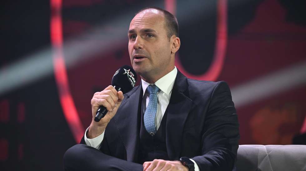 epa12838556 Brazilian former parliamentary deputy Eduardo Bolsonaro attends a panel discussion at the Conservative Political Action Conference (CPAC) in MTK Sportpark in Budapest, Hungary, 21 March 2026. The Hungarian edition of CPAC is held by the Center for Fundamental Rights for the fifth consecutive year.  EPA/Zoltan Balogh HUNGARY OUT