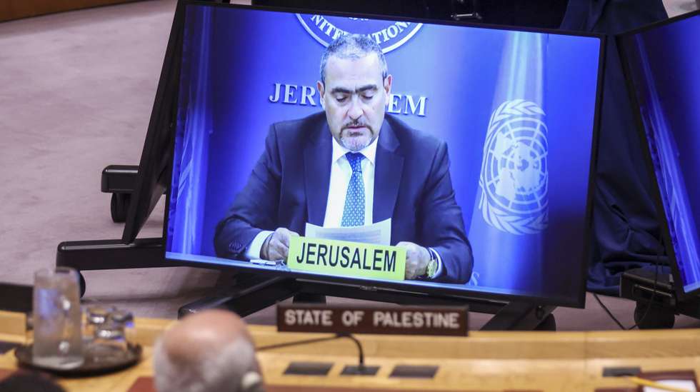 epa13137457 UN Deputy Special Coordinator for the Middle East Peace Process, Ramiz Alakbarov, addresses a UN Security Council meeting via video link at the United Nations headquarters in New York, New York, USA, 28 July 2026.  EPA/SARAH YENESEL