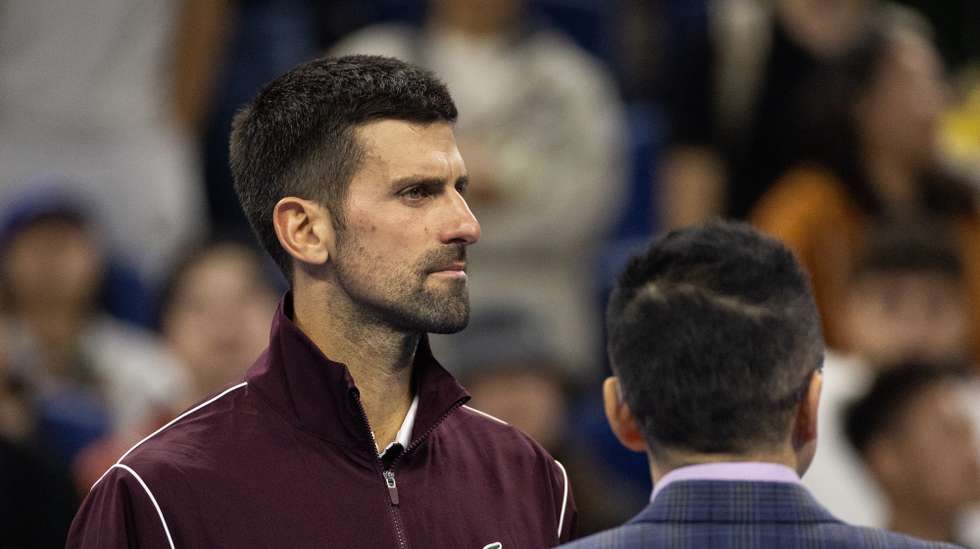 epa13283067 Novak Djokovic of Serbia attends the on-court interview after his men’s semi-final singles match against Daniil Medvedev of Russia at the China Open tennis tournament in Beijing, China, 05 October 2026.  EPA/JESSICA LEE