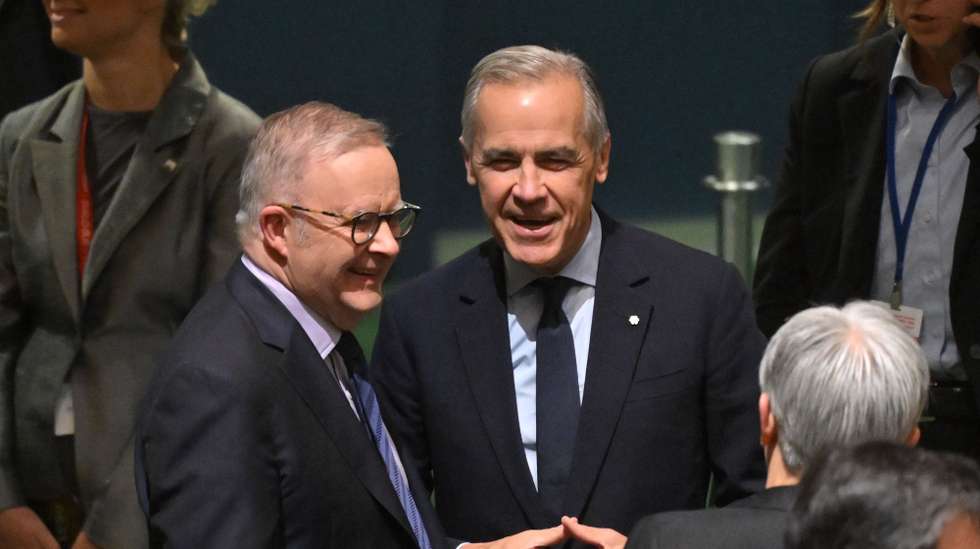 epa13255797 Australia’s Prime Minister Anthony Albanese (L) meets with Canada’s Prime Minister Mark Carney (R) before the opening addresses of the General Debate of the 81st session of the United Nations (UN) General Assembly at the United Nations Headquarters in New York, New York, USA, 22 September 2026.  EPA/MICK TSIKAS  AUSTRALIA AND NEW ZEALAND OUT