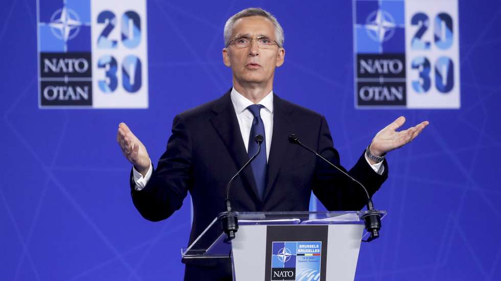 epaselect epa09270847 NATO Secretary General Jens Stoltenberg gives a press conference during a NATO summit at the North Atlantic Treaty Organization (NATO) headquarters in Brussels, Belgium, 14 June 2021. The 30-nation alliance hopes to reaffirm its unity and discuss increasingly tense relations with China and Russia, as the organization pulls its troops out after 18 years in Afghanistan.  EPA/OLIVIER HOSLET / POOL