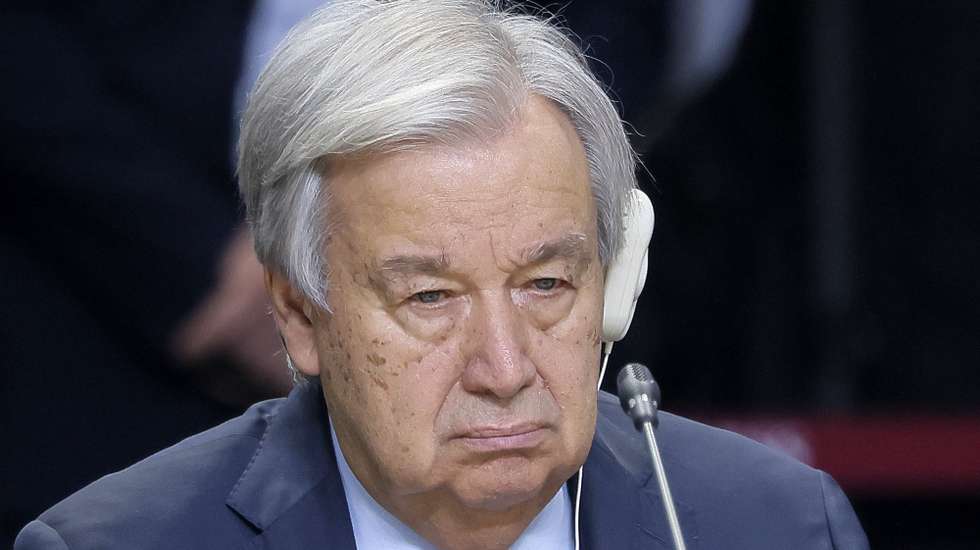 epa11679359 UN Secretary General Antonio Guterres attends a plenary session in the outreach/BRICS Plus format at the BRICS summit in Kazan, Russia, 24 October 2024. The BRICS summit takes place from 22 to 24 October.  EPA/MAXIM SHEMETOV / POOL