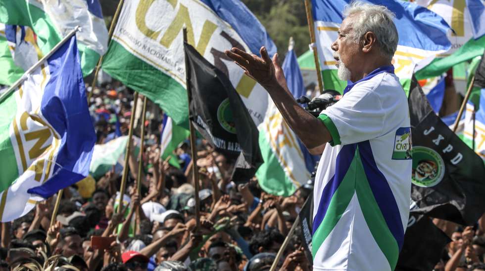 O líder do Congresso Nacional da Reconstrução Timorense (CNRT), Xanana Gusmão, durante um comício em Tasi Tolu, Timor-Leste, 18 de maio de 2023. Xanana Gusmão disse hoje que se o partido vencer as legislativas de domingo e formar Governo vai avançar com uma auditoria aos gastos do atual executivo. ANTÓNIO SAMPAIO/LUSA