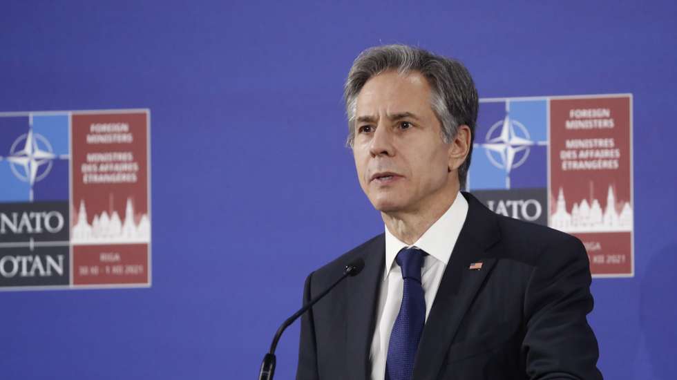 epa09614741 US Secretary of State Antony Blinken speaks during a press conference after a meeting of the North Atlantic Council (NAC) at the level of Foreign Affairs Ministers in Riga, Latvia, 01 December 2021. Latvia is hosting on 30 November and 01 December a NATO Foreign Ministers meeting for the first time. To address current security challenges, NATO Allies are exchanging views on cooperation with partner countries and the European Union, and also begin their discussions on a new strategic concept for the Alliance.  EPA/TOMS KALNINS