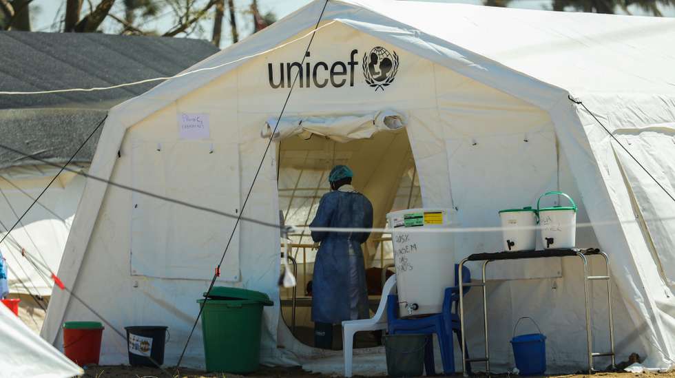Unicef members work in the newly opened Unicef center of Cholera treatment at Macurungo neighbourhood of the city of Beira where there is also working now a Campaign Hospital of the Portuguese Red Cross. Reports state that can be up to 45 thousand women to give birth in the following months after the passage of cyclone Idai, in the province of Sofala, central Mozambique, 1 of April 2019. Reports state that some 1.7 million people are said to be affected across southern Africa. MIGUEL A. LOPES/LUSA